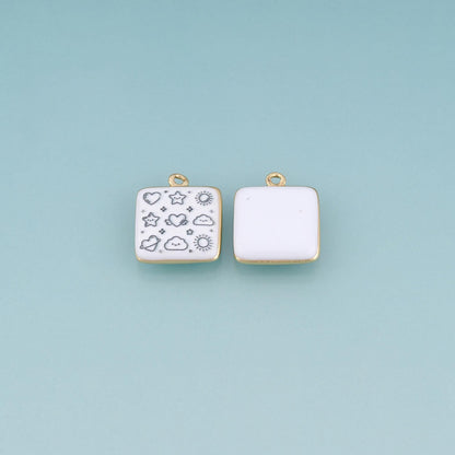 18K Gold Filled Ceramics Square Pendant,Enamel Illustration Charm Bracelet Necklace for DIY Jewelry Making Supply