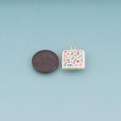 18K Gold Filled Ceramics Square Pendant,Enamel Illustration Charm Bracelet Necklace for DIY Jewelry Making Supply
