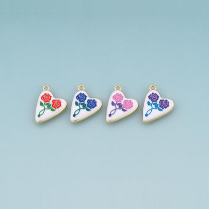 18K Gold Filled Ceramics Heart Pendant,Enamel Rose Illustration Charm Bracelet Necklace for DIY Jewelry Making Supply