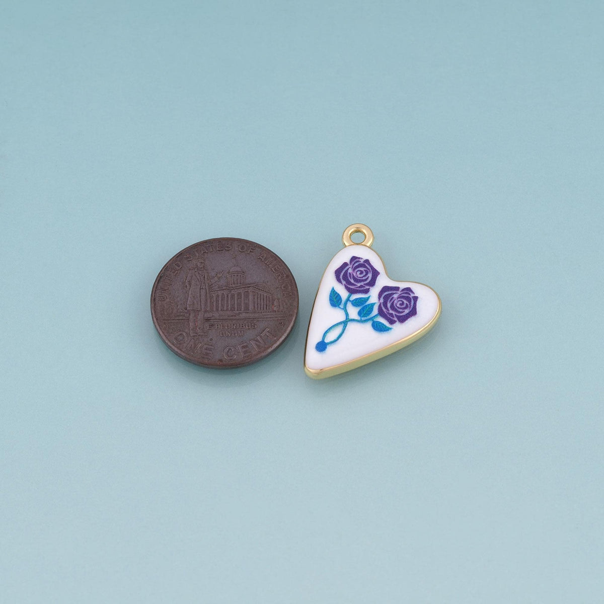 18K Gold Filled Ceramics Heart Pendant,Enamel Rose Illustration Charm Bracelet Necklace for DIY Jewelry Making Supply
