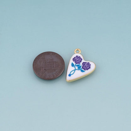 18K Gold Filled Ceramics Heart Pendant,Enamel Rose Illustration Charm Bracelet Necklace for DIY Jewelry Making Supply