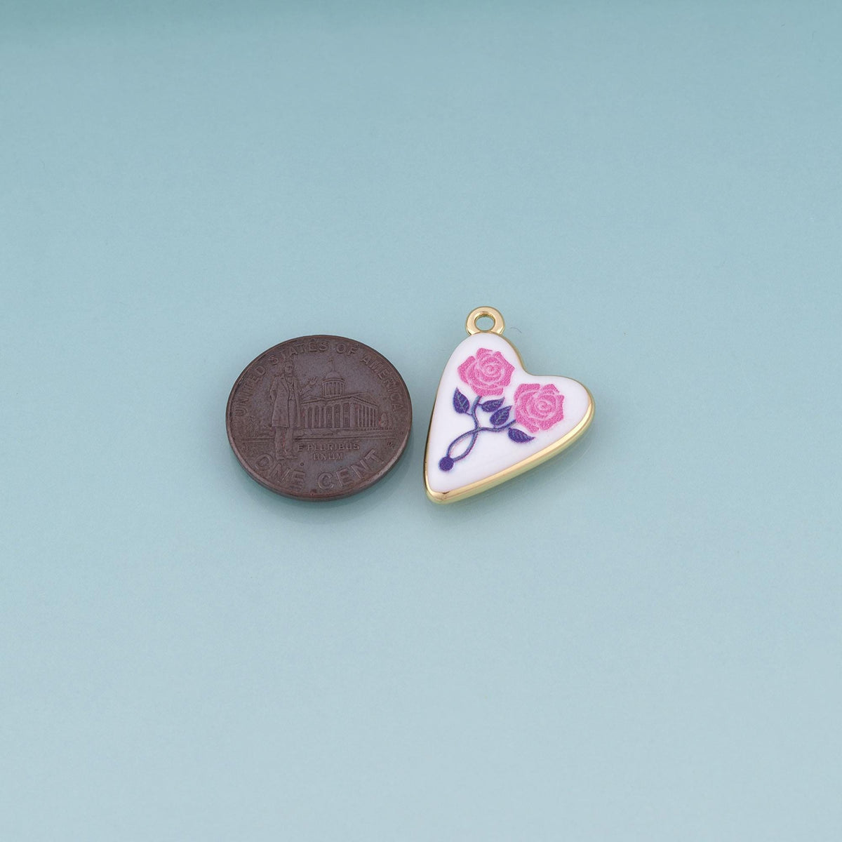 18K Gold Filled Ceramics Heart Pendant,Enamel Rose Illustration Charm Bracelet Necklace for DIY Jewelry Making Supply