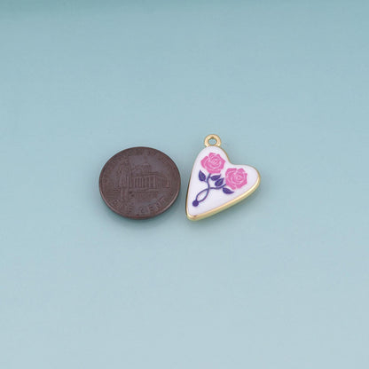 18K Gold Filled Ceramics Heart Pendant,Enamel Rose Illustration Charm Bracelet Necklace for DIY Jewelry Making Supply