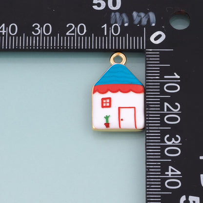 18K Gold Filled Ceramics Small House Pendant,Enamel Cartoon Illustration Charm Bracelet Necklace for DIY Jewelry Making Suppl