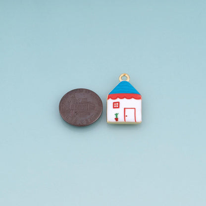 18K Gold Filled Ceramics Small House Pendant,Enamel Cartoon Illustration Charm Bracelet Necklace for DIY Jewelry Making Suppl