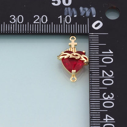 18K Gold Filled Red Crystal Sacred Heart of Thorns Connector,Retro Religion Charm Connector Bracelet Necklace for DIY Jewelry