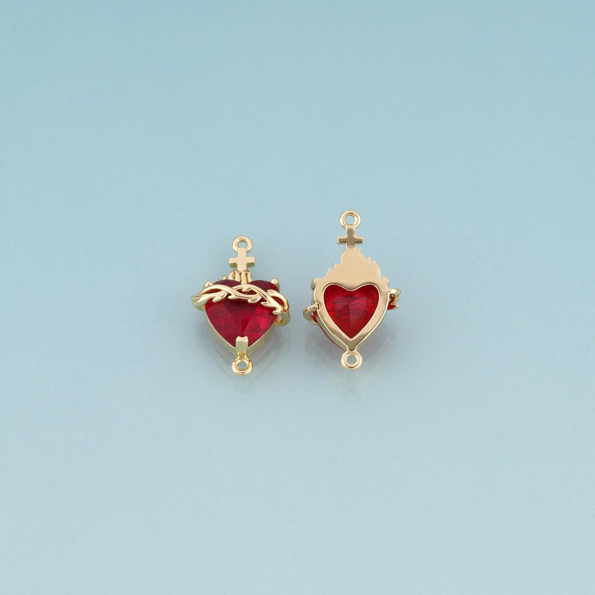 18K Gold Filled Red Crystal Sacred Heart of Thorns Connector,Retro Religion Charm Connector Bracelet Necklace for DIY Jewelry