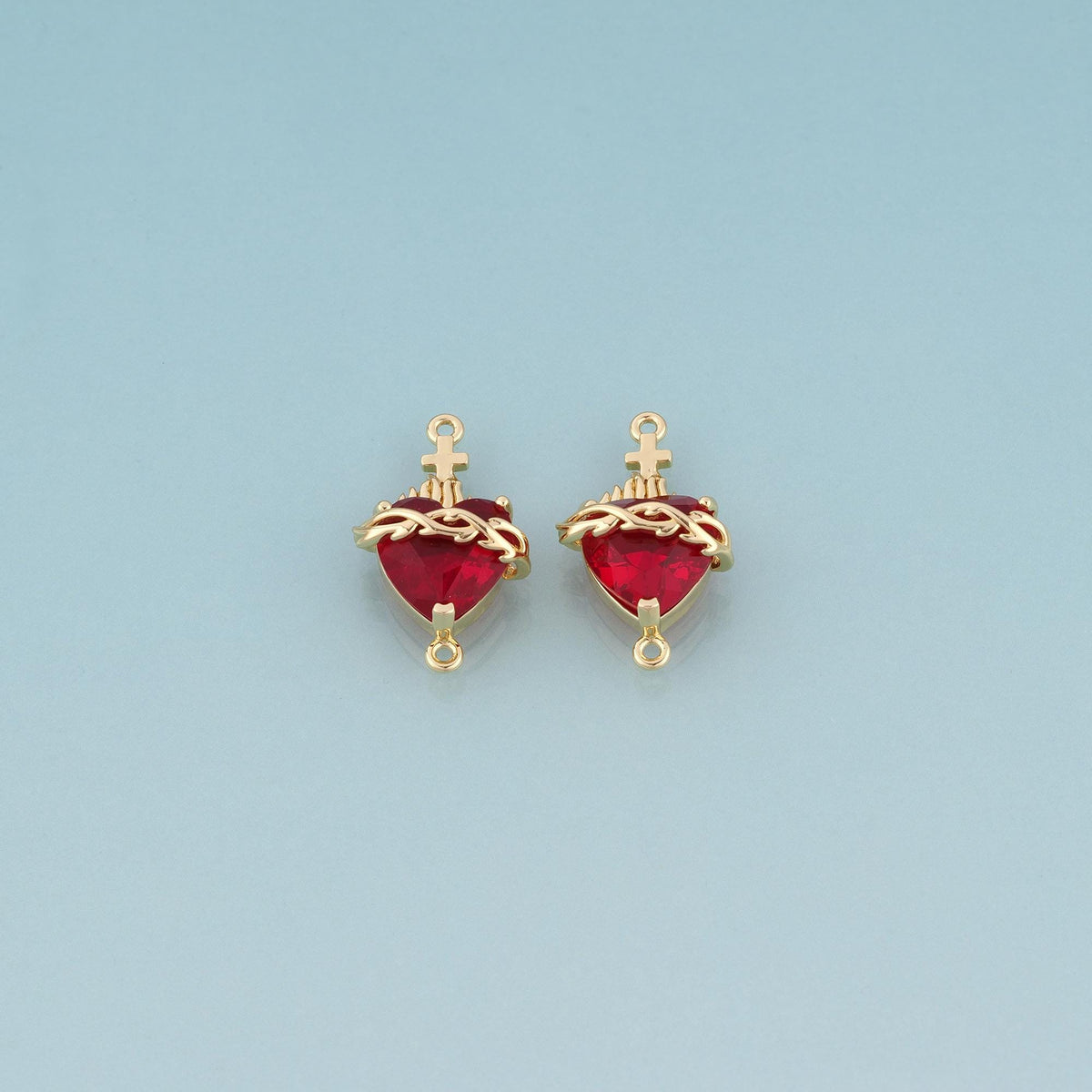 18K Gold Filled Red Crystal Sacred Heart of Thorns Connector,Retro Religion Charm Connector Bracelet Necklace for DIY Jewelry