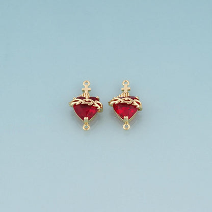 18K Gold Filled Red Crystal Sacred Heart of Thorns Connector,Retro Religion Charm Connector Bracelet Necklace for DIY Jewelry