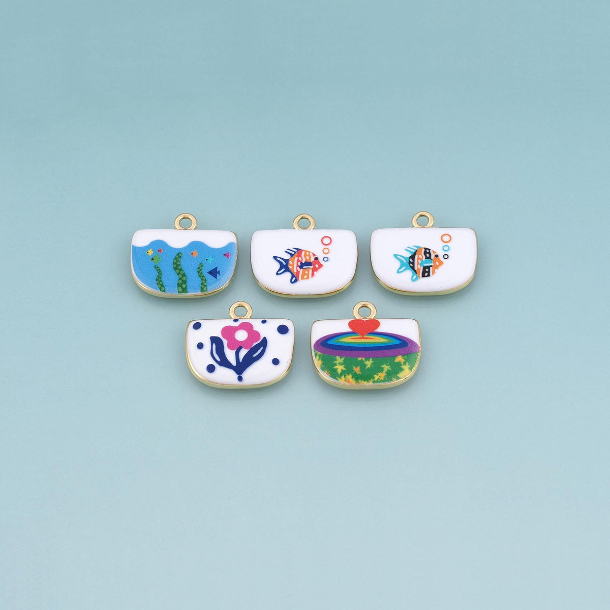 18K Gold Filled Ceramics Bowl Pendant,Enamel Ocean Illustration Charm Bracelet Necklace for DIY Jewelry Making Supply