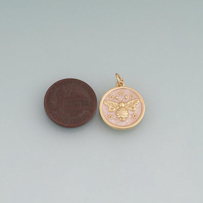 18K Gold Filled Enamel Bee Round Pendant,Insect Charm Bracelet Necklace for DIY Jewelry Making Supply
