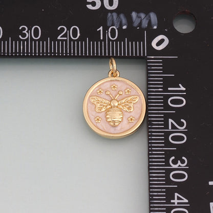 18K Gold Filled Enamel Bee Round Pendant,Insect Charm Bracelet Necklace for DIY Jewelry Making Supply