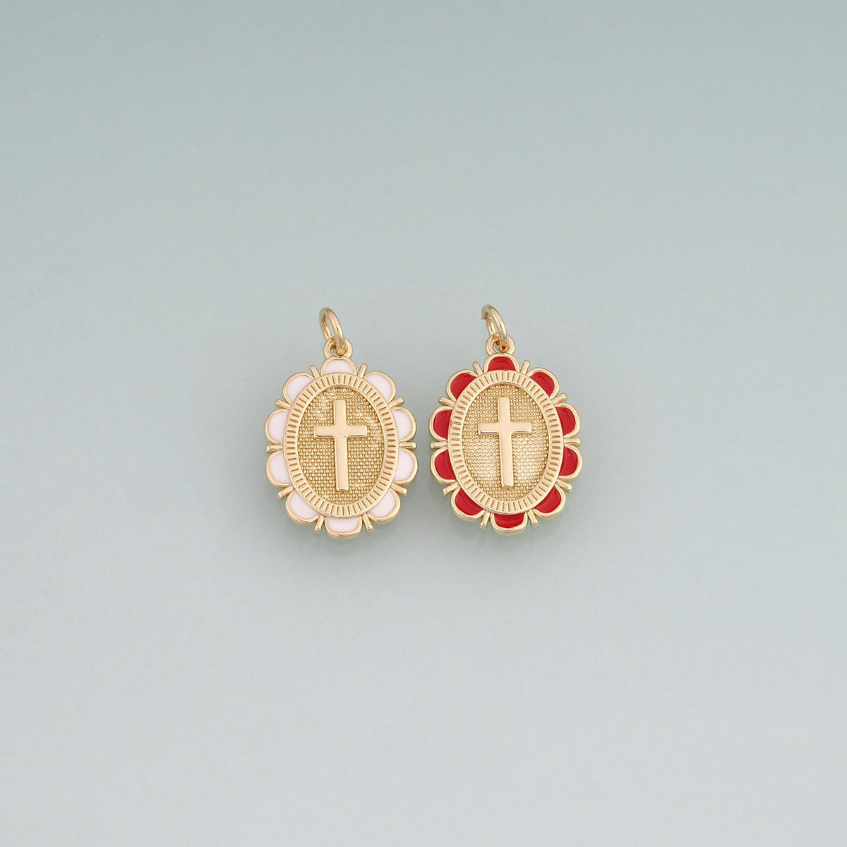 18K Gold Filled Enamel Cross Oval Pendant,Religious Charm Bracelet Necklace for DIY Jewelry Making Supply