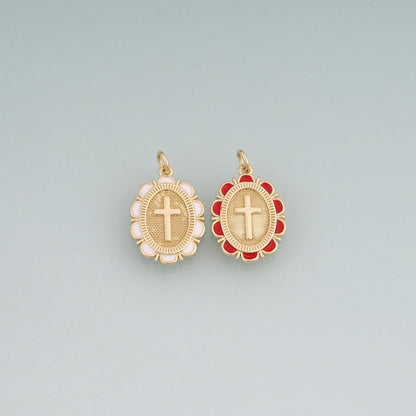 18K Gold Filled Enamel Cross Oval Pendant,Religious Charm Bracelet Necklace for DIY Jewelry Making Supply