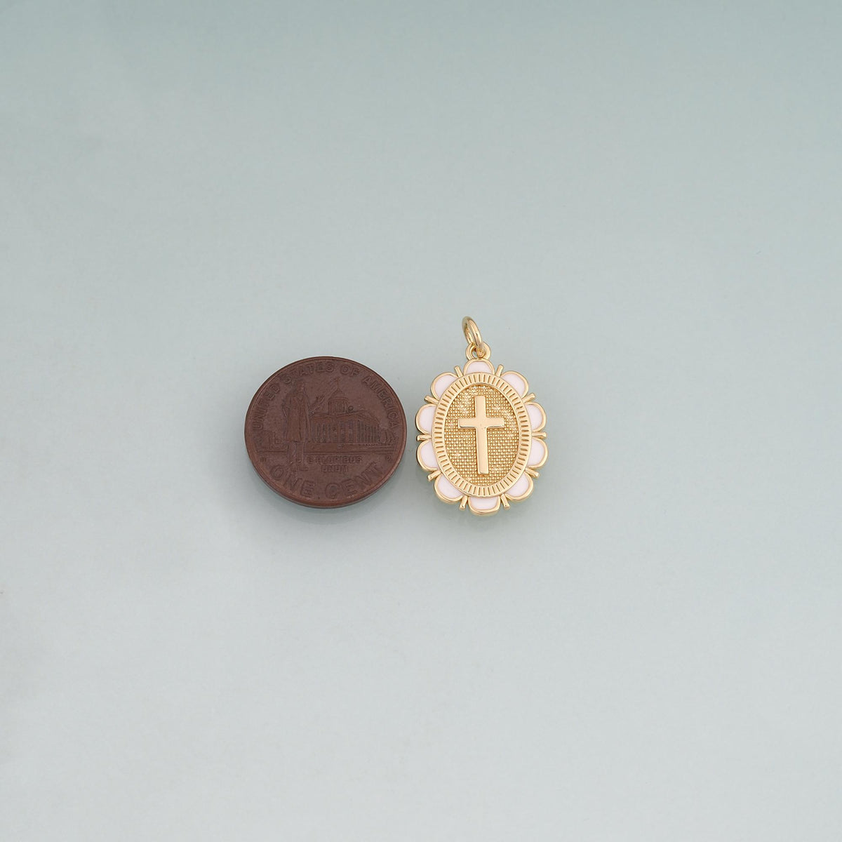 18K Gold Filled Enamel Cross Oval Pendant,Religious Charm Bracelet Necklace for DIY Jewelry Making Supply