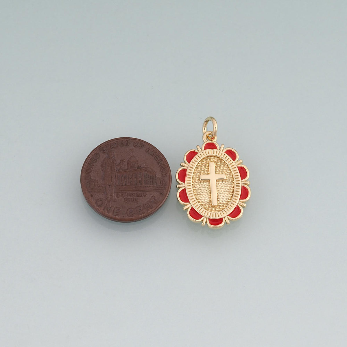 18K Gold Filled Enamel Cross Oval Pendant,Religious Charm Bracelet Necklace for DIY Jewelry Making Supply