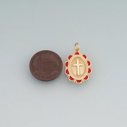 18K Gold Filled Enamel Cross Oval Pendant,Religious Charm Bracelet Necklace for DIY Jewelry Making Supply