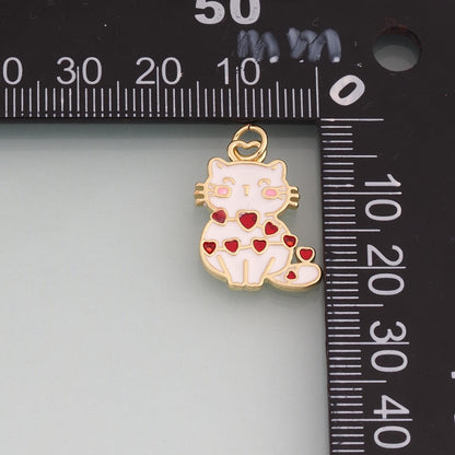 18K Gold Filled Enamel Kitten Heart Pendant,Cute Pets Charm Bracelet Necklace for DIY Jewelry Making Supply