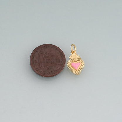 18K Gold Filled Enamel Sacred Heart Pendant,Flaming Heart Charm Bracelet Necklace for DIY Jewelry Making Supply