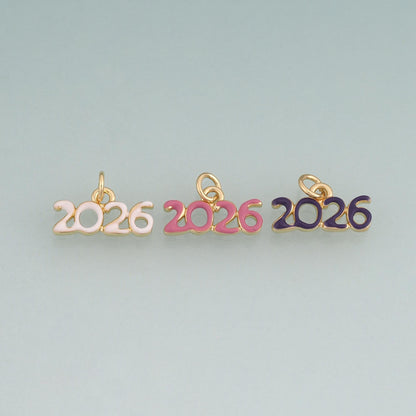 18K Gold Filled Enamel 2026 Year Pendant,Number Charm Bracelet Necklace for DIY Jewelry Making Supply
