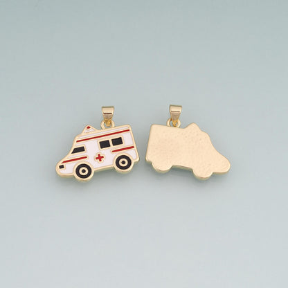 18K Gold Filled Enamel Ambulance Pendant,Medical Charm Bracelet Necklace for DIY Jewelry Making Supply