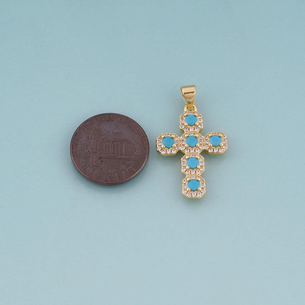 18K Gold Filled Turquoise Cross Pendant,Luxurious Charm Bracelet Necklace for DIY Jewelry Making Supply