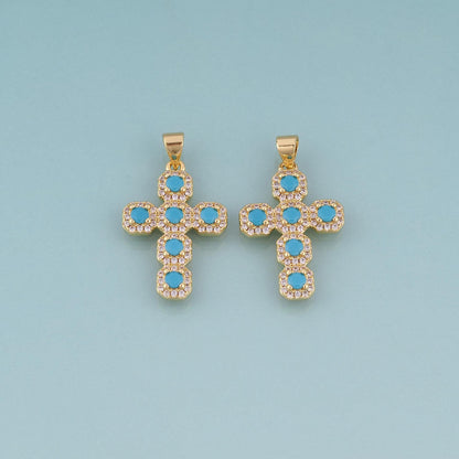 18K Gold Filled Turquoise Cross Pendant,Luxurious Charm Bracelet Necklace for DIY Jewelry Making Supply