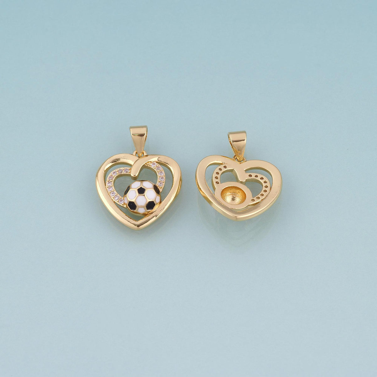 18K Gold Filled Enamel Football Double Heart Pendant,World Cup Charm Bracelet Necklace for DIY Jewelry Making Supply