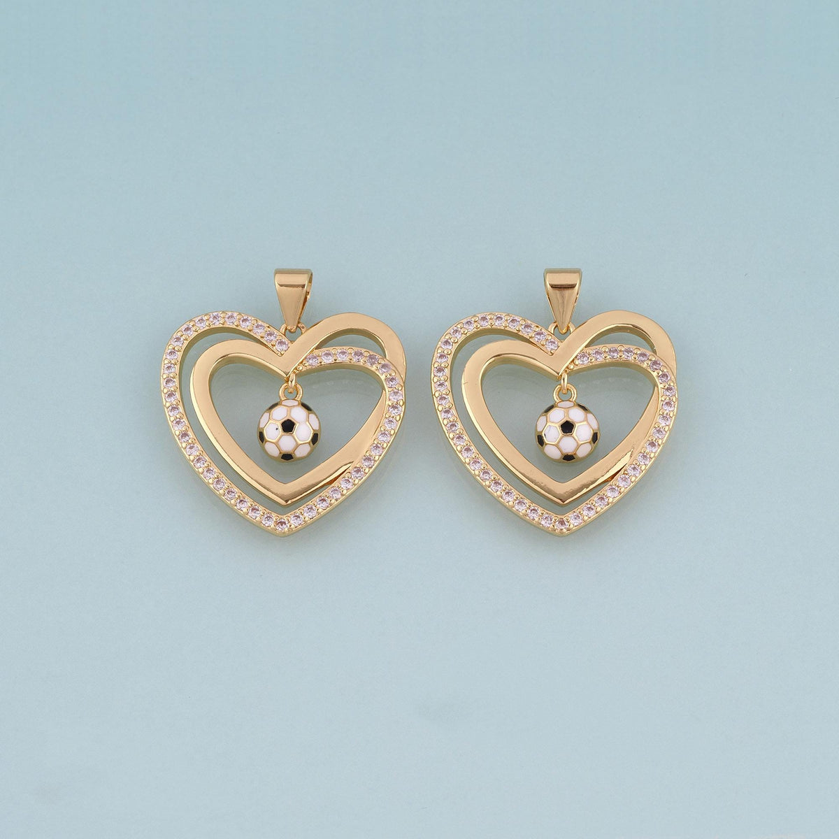 18K Gold Filled CZ Football Double Heart Pendant,World Cup Charm Bracelet Necklace for DIY Jewelry Making Supply