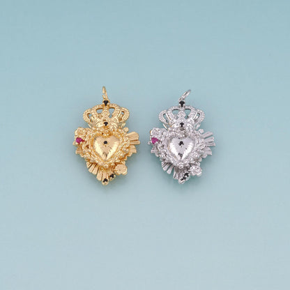 18K Gold Filled CZ Crown Sacred Heart Pendant,Luxurious Charm Bracelet Necklace for DIY Jewelry Making Supply