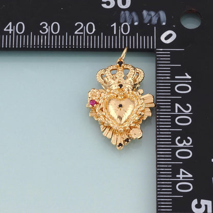 18K Gold Filled CZ Crown Sacred Heart Pendant,Luxurious Charm Bracelet Necklace for DIY Jewelry Making Supply