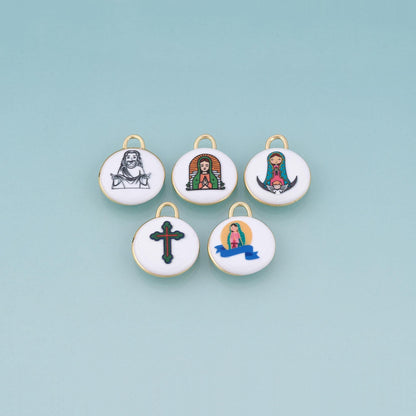 18K Gold Filled Ceramics Round Pendant,Enamel Illustration Charm Bracelet Necklace for DIY Jewelry Making Supply