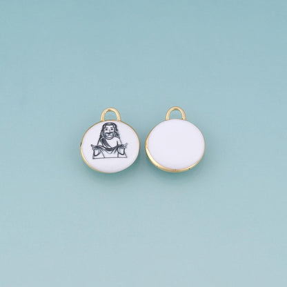 18K Gold Filled Ceramics Round Pendant,Enamel Illustration Charm Bracelet Necklace for DIY Jewelry Making Supply