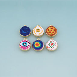 18K Gold Filled Ceramics Round Pendant,Enamel Illustration Charm Bracelet Necklace for DIY Jewelry Making Supply