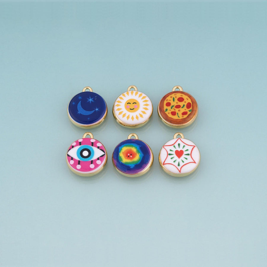 18K Gold Filled Ceramics Round Pendant,Enamel Illustration Charm Bracelet Necklace for DIY Jewelry Making Supply