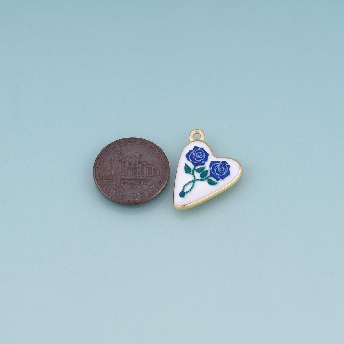 18K Gold Filled Ceramics Heart Pendant,Enamel Rose Illustration Charm Bracelet Necklace for DIY Jewelry Making Supply