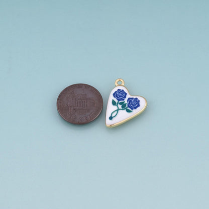 18K Gold Filled Ceramics Heart Pendant,Enamel Rose Illustration Charm Bracelet Necklace for DIY Jewelry Making Supply
