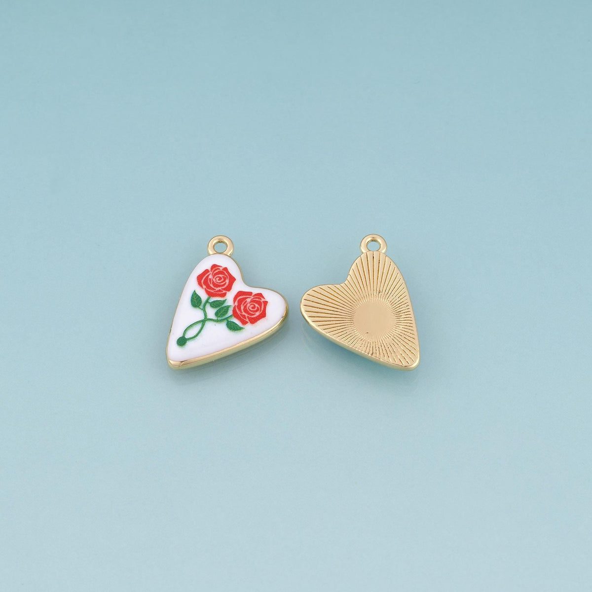 18K Gold Filled Ceramics Heart Pendant,Enamel Rose Illustration Charm Bracelet Necklace for DIY Jewelry Making Supply