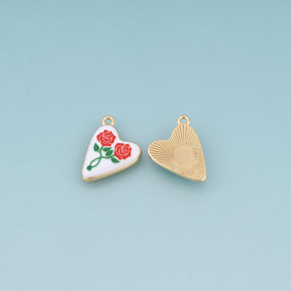 18K Gold Filled Ceramics Heart Pendant,Enamel Rose Illustration Charm Bracelet Necklace for DIY Jewelry Making Supply