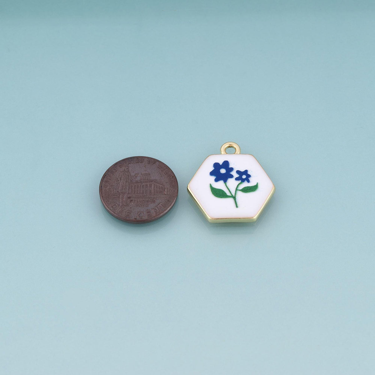 18K Gold Filled Ceramics Hexagon Pendant,Enamel Heart Illustration Charm Bracelet Necklace for DIY Jewelry Making Supply