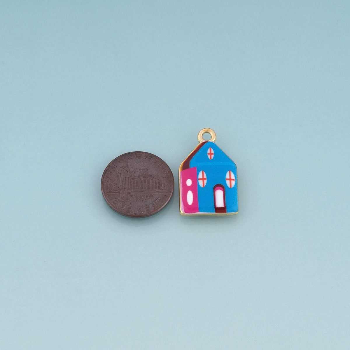 18K Gold Filled Ceramics Small House Pendant,Enamel Cartoon Illustration Charm Bracelet Necklace for DIY Jewelry Making Suppl