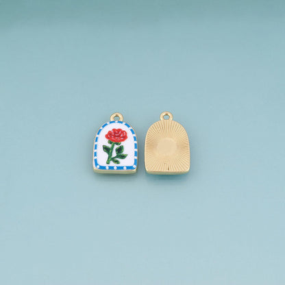18K Gold Filled Ceramics Arched Pendant,Enamel Illustration Charm Bracelet Necklace for DIY Jewelry Making Supply