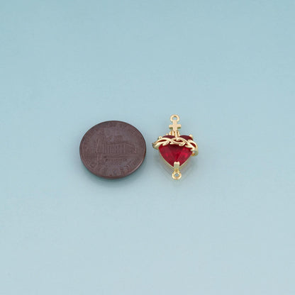 18K Gold Filled Red Crystal Sacred Heart of Thorns Connector,Retro Religion Charm Connector Bracelet Necklace for DIY Jewelry
