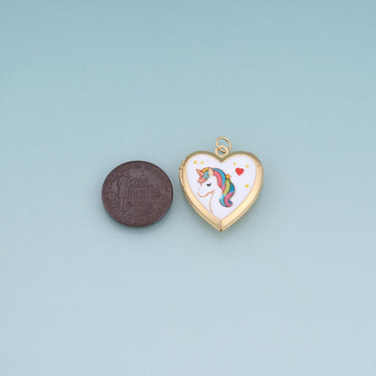 18K Gold Filled Enamel Heart Locket Pendant,Cute Pattern Charm Bracelet Necklace for DIY Jewelry Making Supply