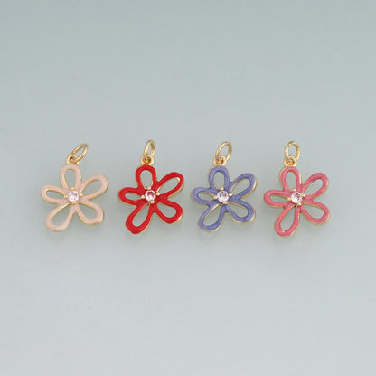 18K Gold Filled Enamel Flower Pendant,Plant Charm Bracelet Necklace for DIY Jewelry Making Supply