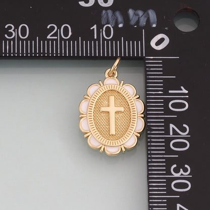18K Gold Filled Enamel Cross Oval Pendant,Religious Charm Bracelet Necklace for DIY Jewelry Making Supply