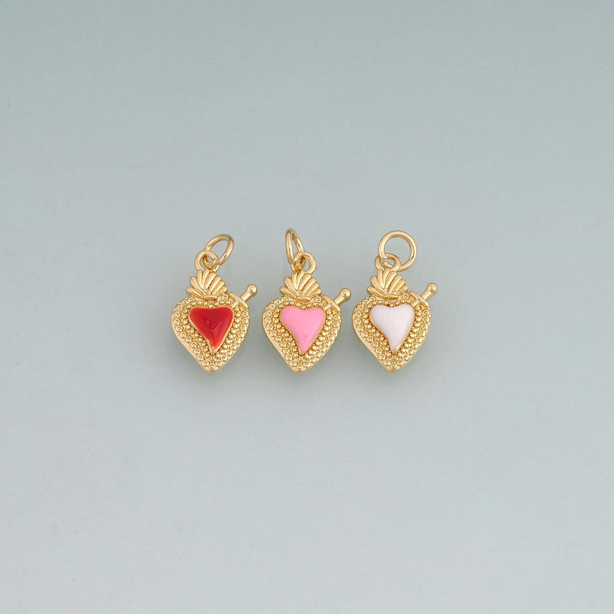 18K Gold Filled Enamel Sacred Heart Pendant,Flaming Heart Charm Bracelet Necklace for DIY Jewelry Making Supply