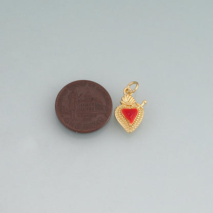18K Gold Filled Enamel Sacred Heart Pendant,Flaming Heart Charm Bracelet Necklace for DIY Jewelry Making Supply