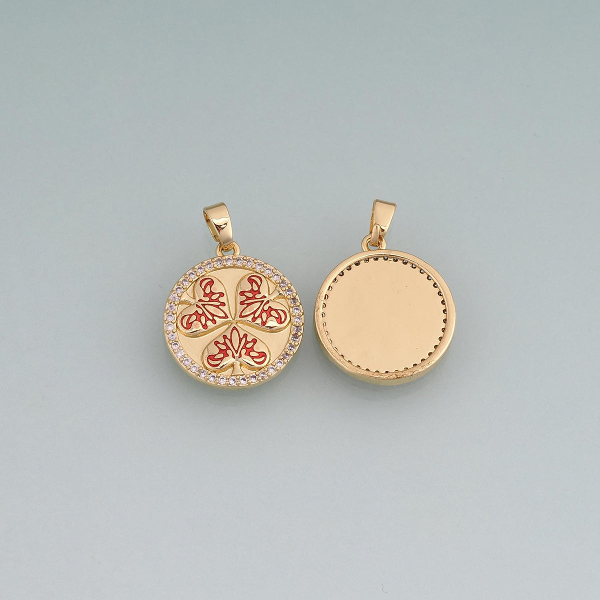 18K Gold Filled Enamel Clover Round Pendant,Lucky Charm Bracelet Necklace for DIY Jewelry Making Supply