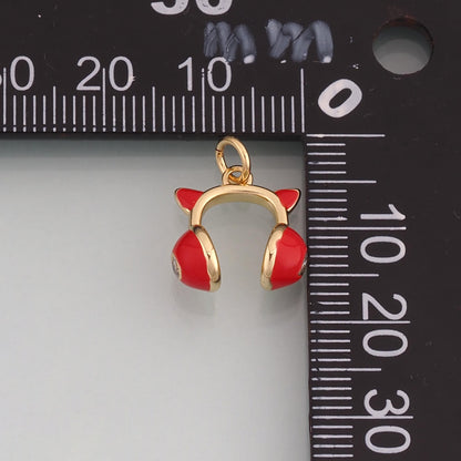 18K Gold Filled Enamel Cat Ear Headphone Pendant,Cute Charm Bracelet Necklace for DIY Jewelry Making Supply